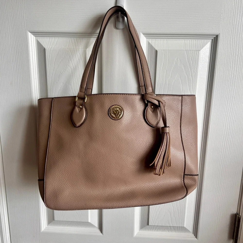Anne Klein Tote Bag, Faux Leather, Lion Logo, Tassel Charm, Taupe